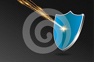 Blue shield reflects lightning strike. Security shield on transparent background with shadow, rays and lights. Vector